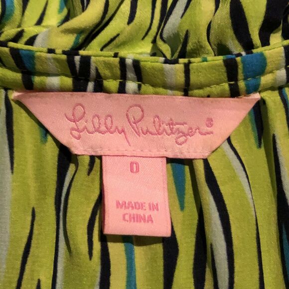 Lilly Pulitzer Silk Sleeveless Top 0 Green Blue Ruffle Button Front - Picture 5 of 11